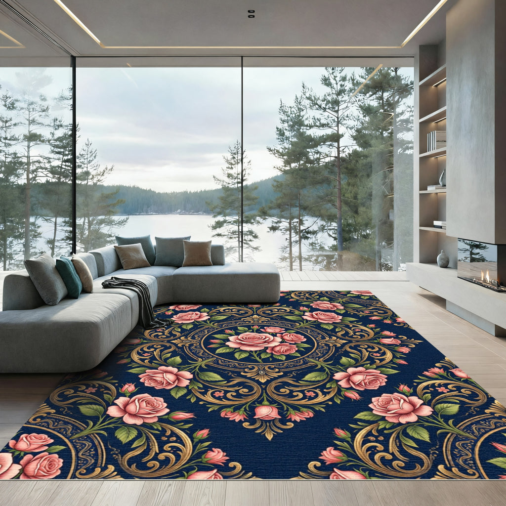 Elegant Navy Gold Rose Floral Medallion Rug