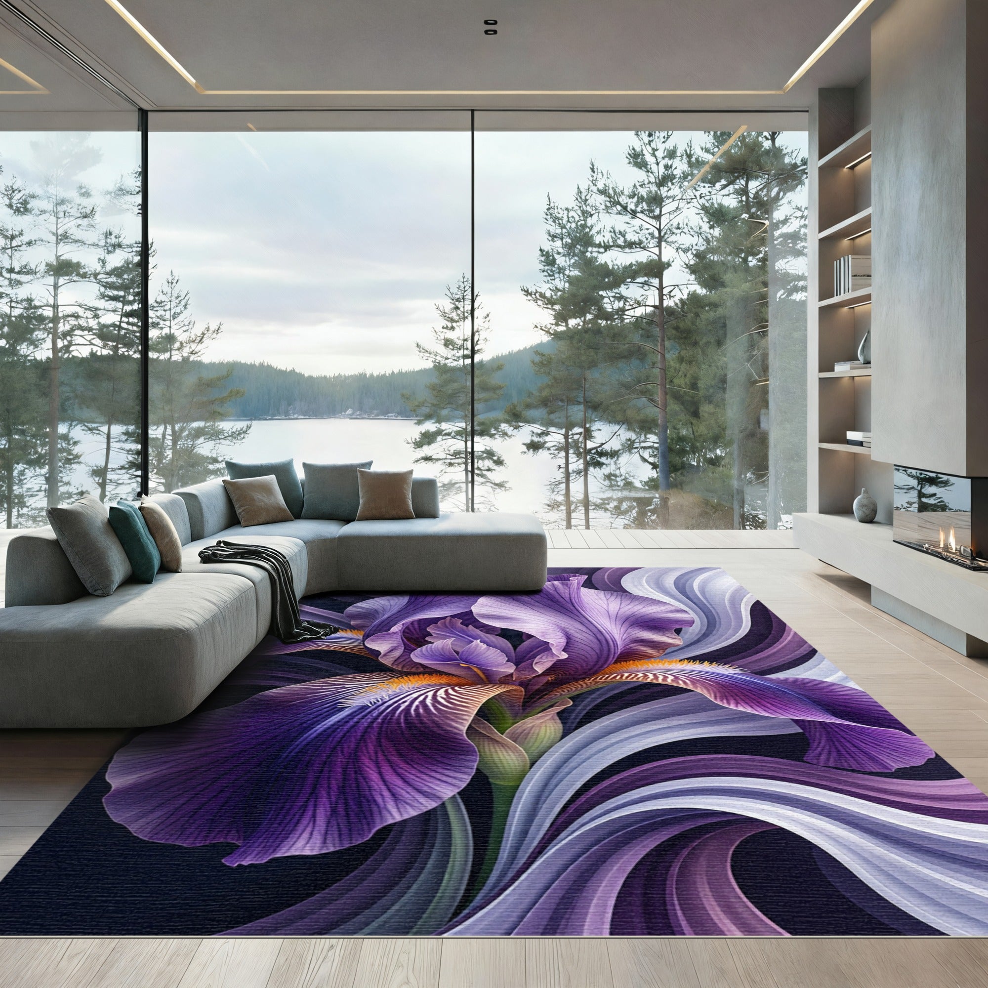 Elegant Purple Iris Swirl Abstract Rug