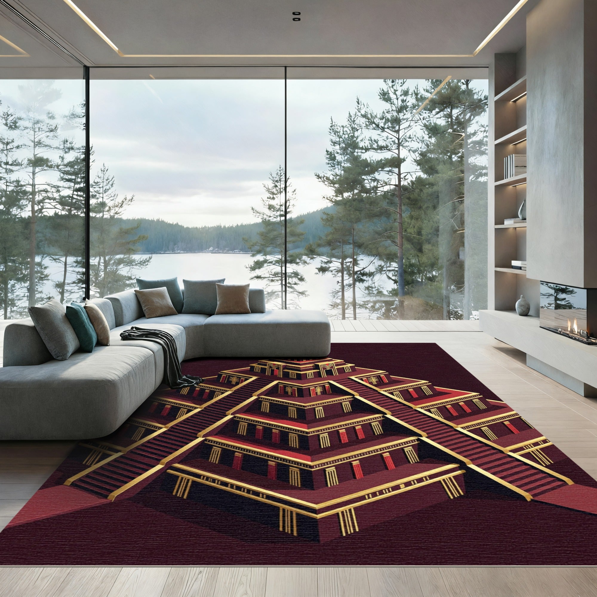 Geometric Crimson Golden Ziggurat Architecture Rug