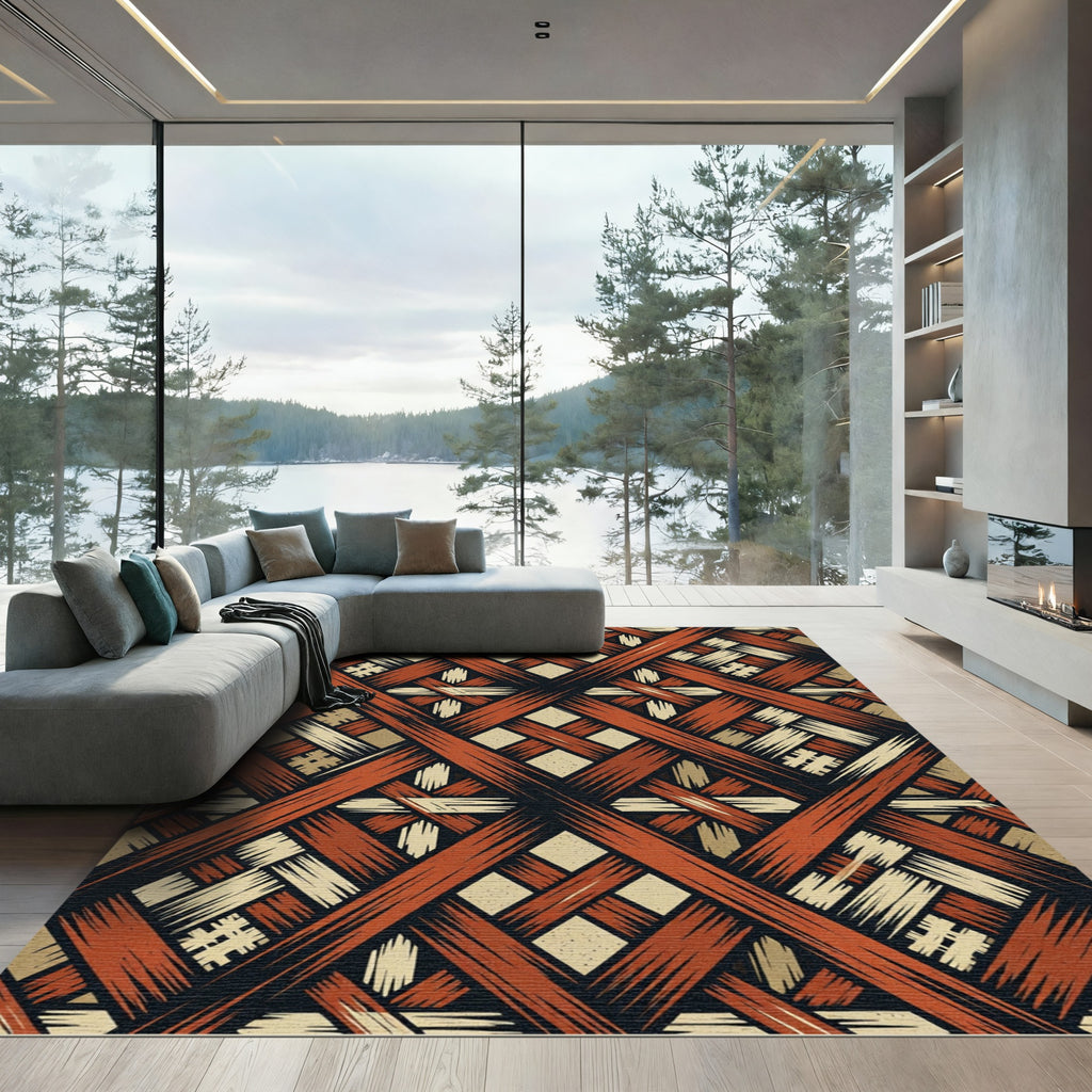 Terracotta Earthy Geometric Lattice Weave Rug