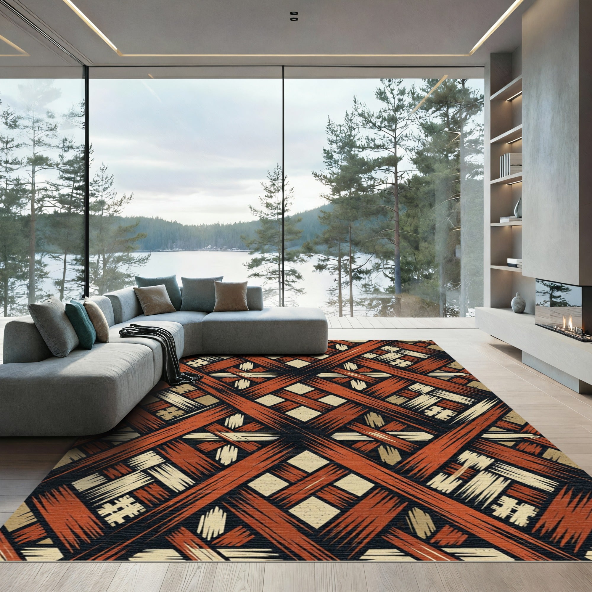 Terracotta Earthy Geometric Lattice Weave Rug