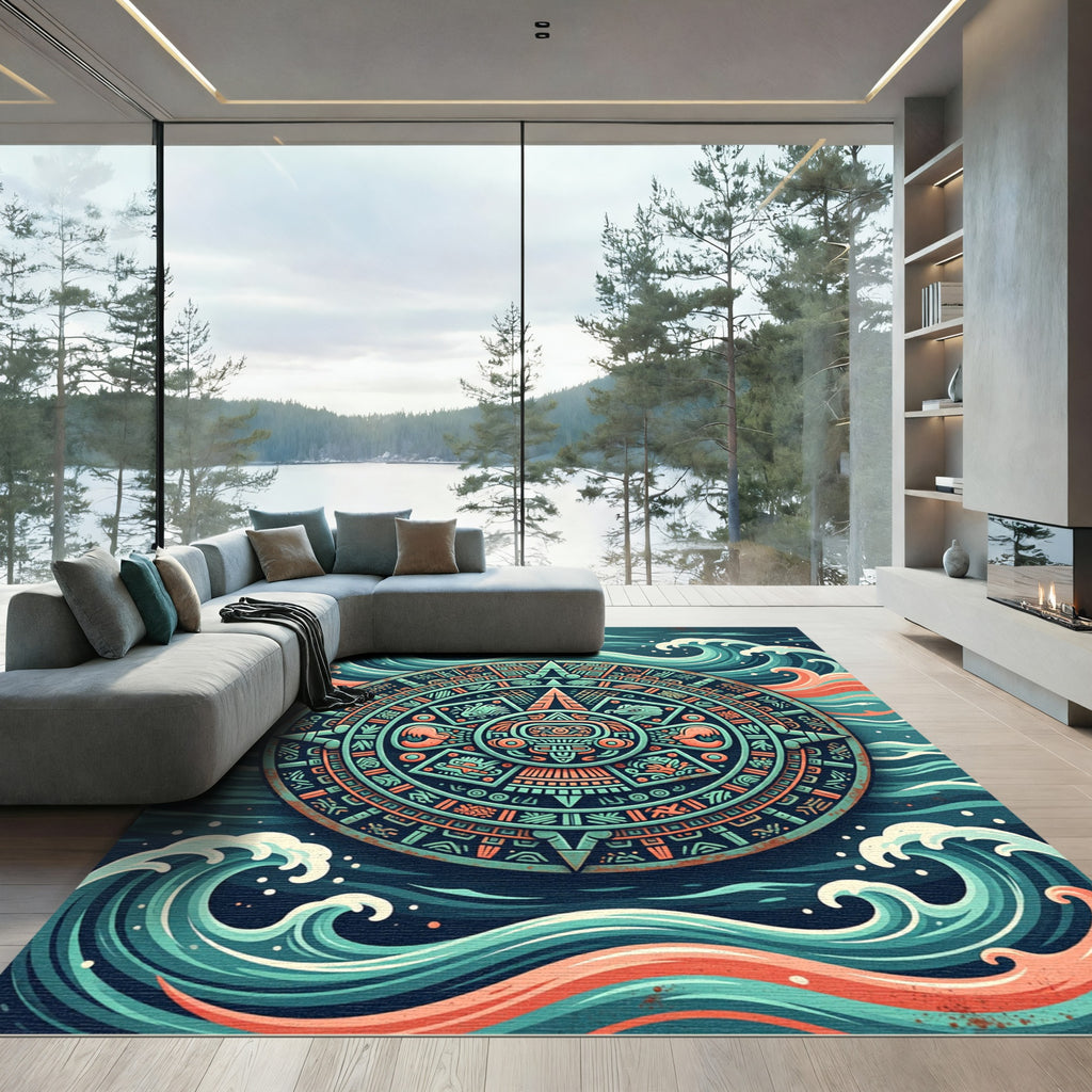 Aztec Sun Medallion Ocean Waves Rug