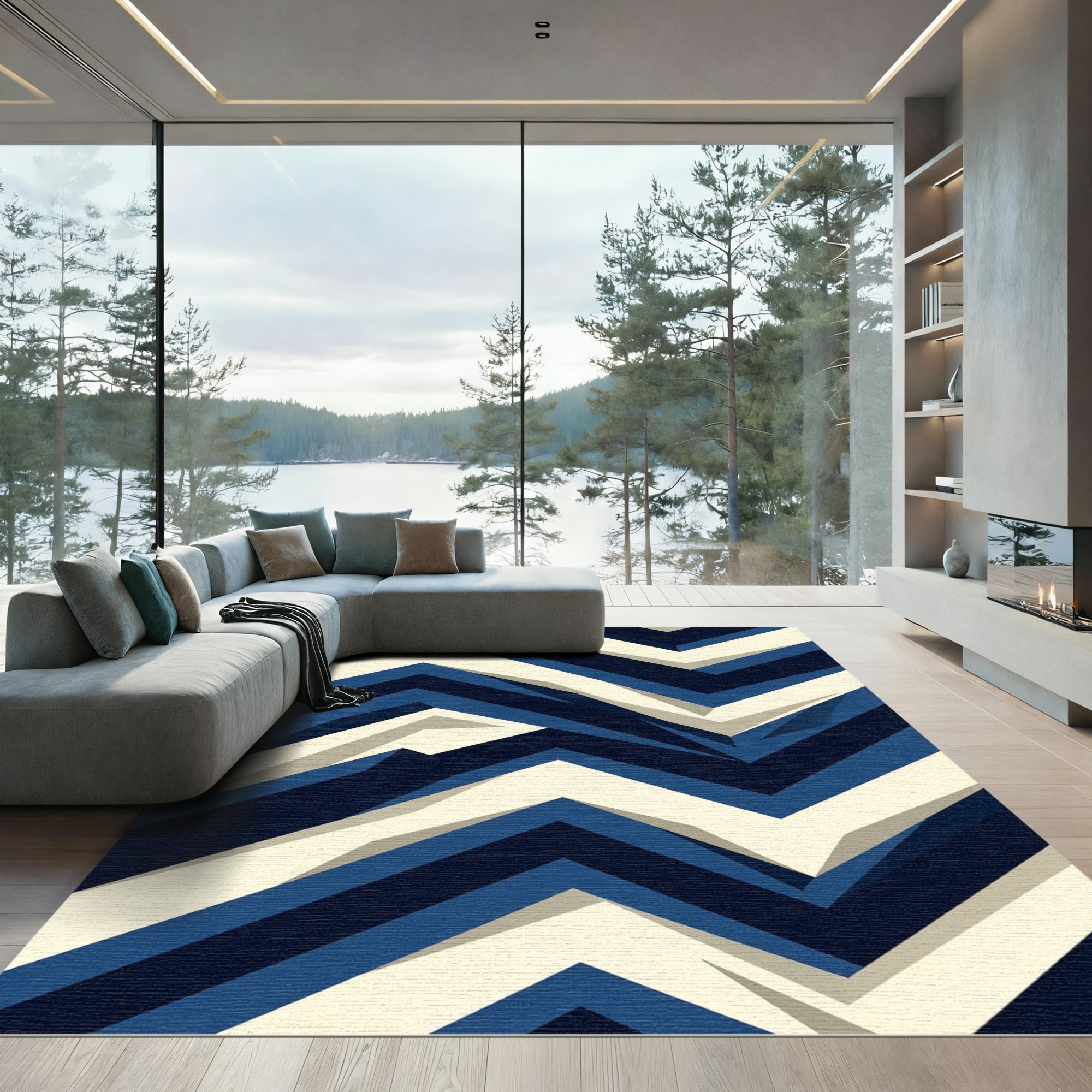 Navy Blue Zigzag Geometric Depth Rug