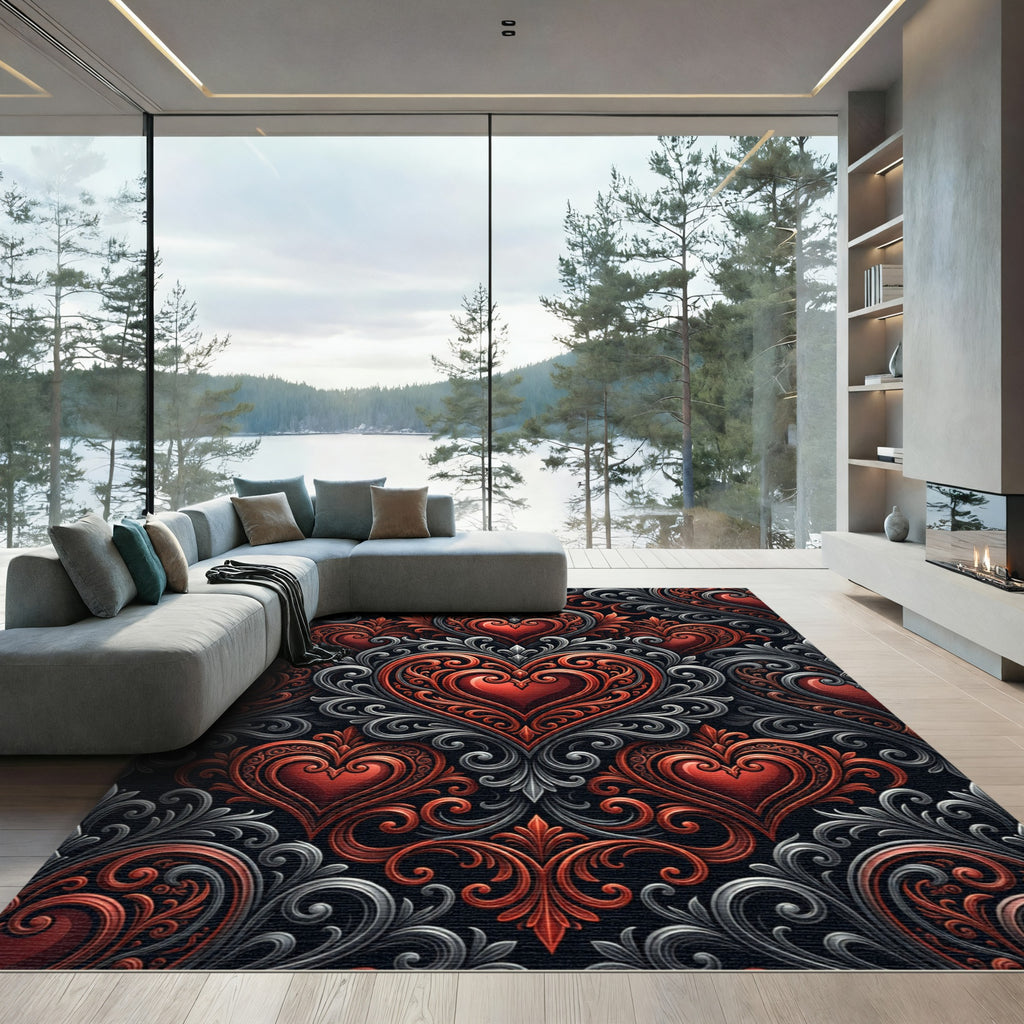 Ornate Red Heart Baroque Swirl Rug