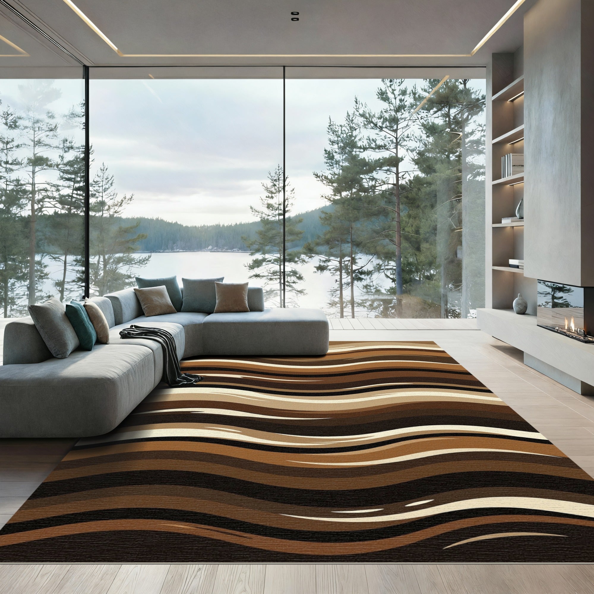 Earthy Brown Layered Wave Rug