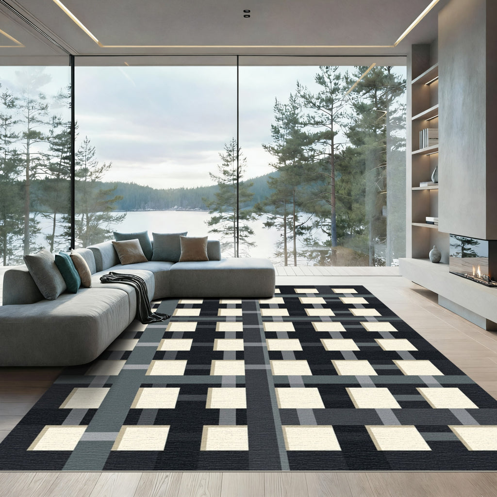 Monochrome Grid Checkerboard Accents Rug