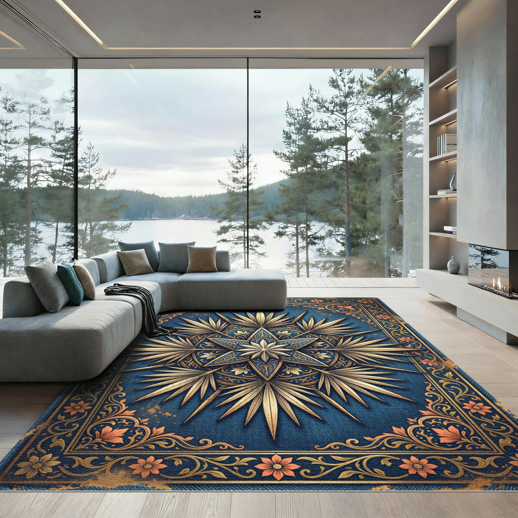 Ornate Navy Gold Starburst Medallion Rug