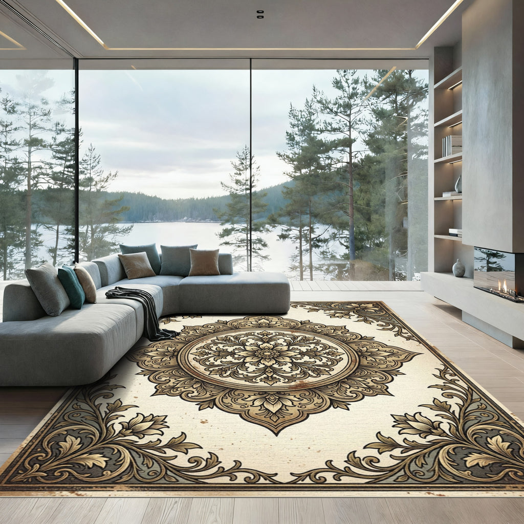Vintage Sepia Floral Medallion Scroll Rug