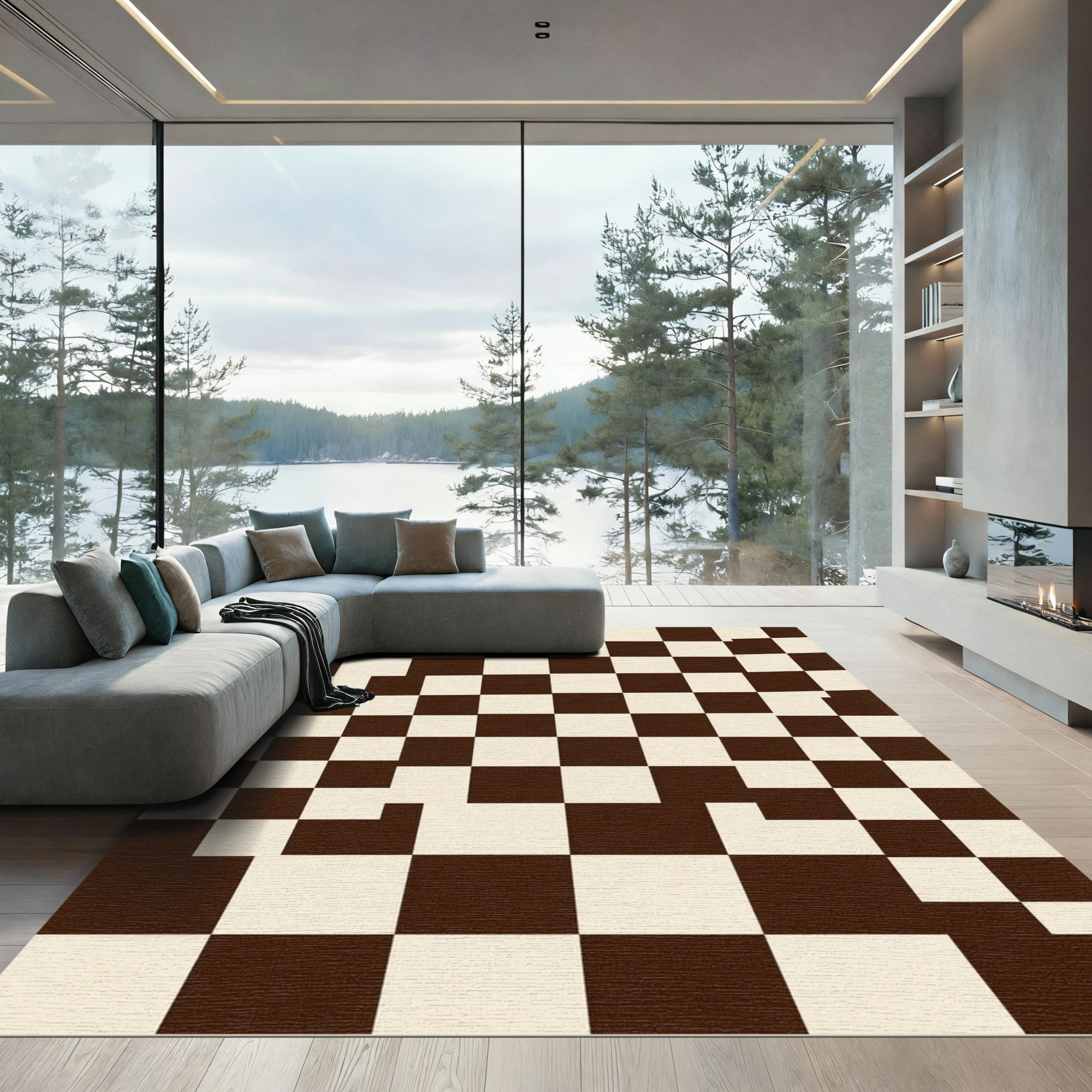 Modern Brown and Cream Irregular Checkered Rug