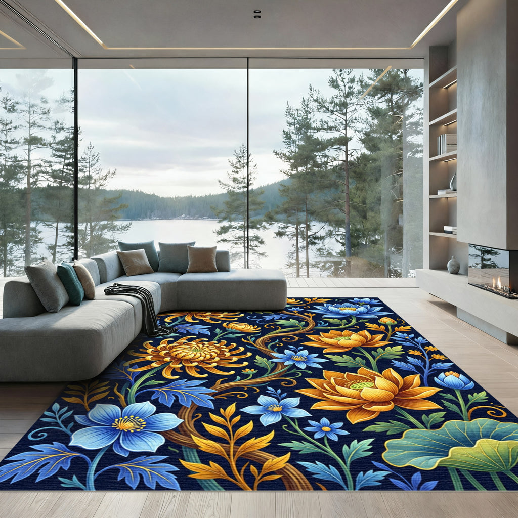 Golden Chrysanthemum and Sapphire Lotus Botanical Rug