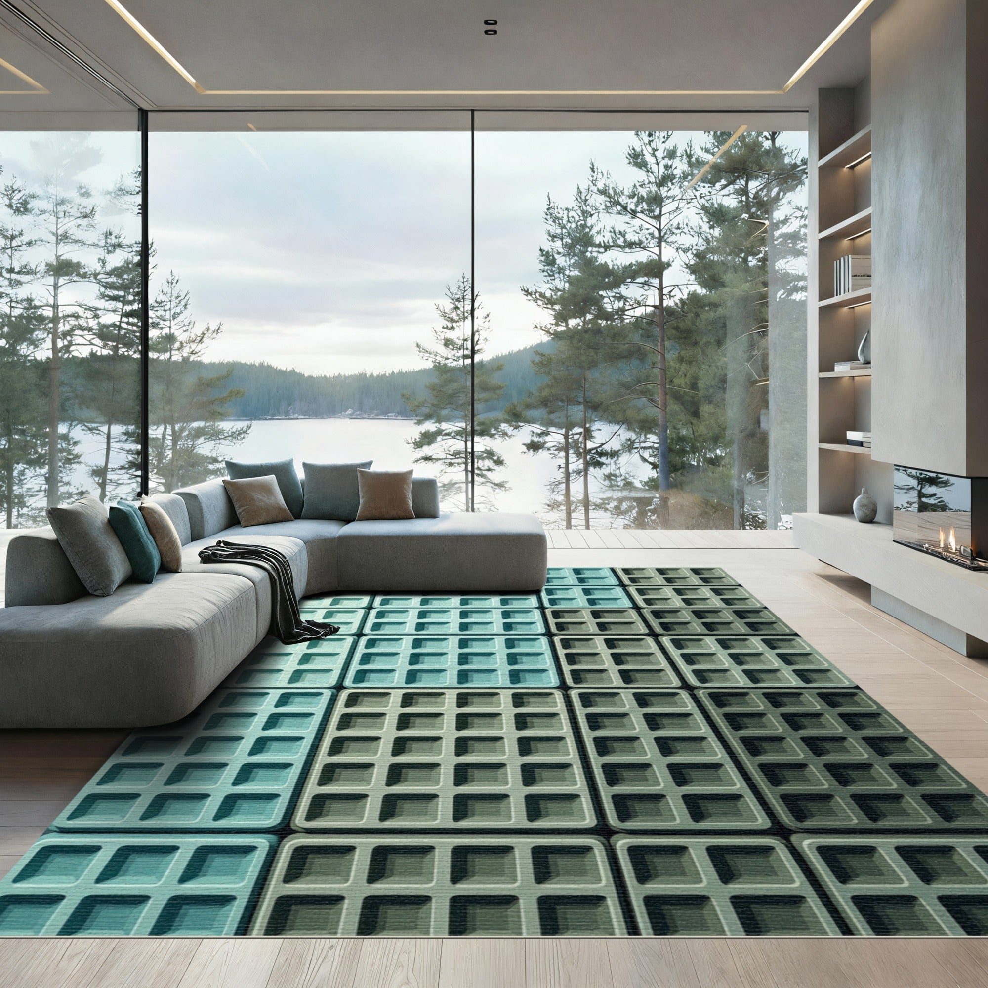 Modern Teal and Sage Grid Mosaic Rug