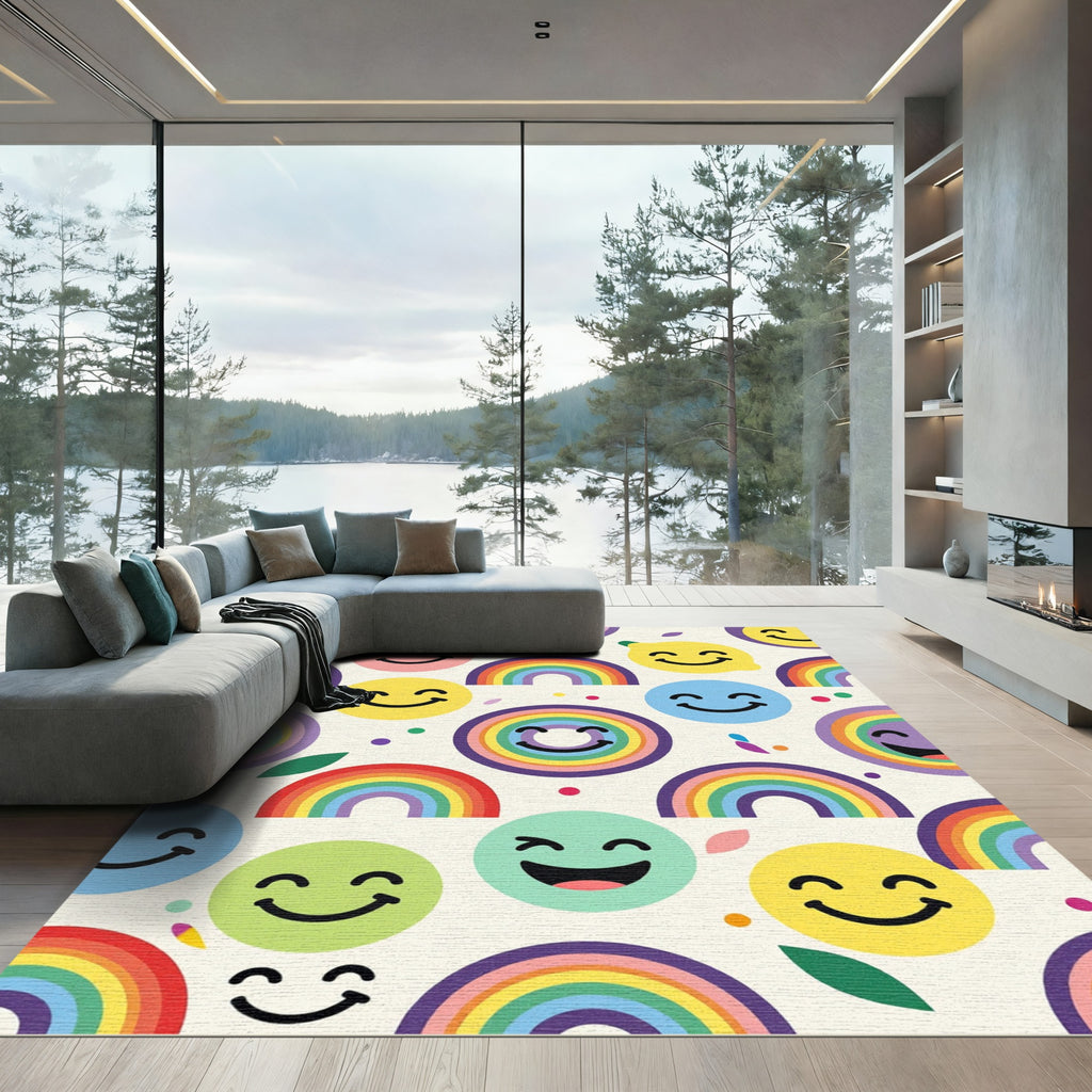 Cheerful Rainbow Smiley Faces Playful Rug