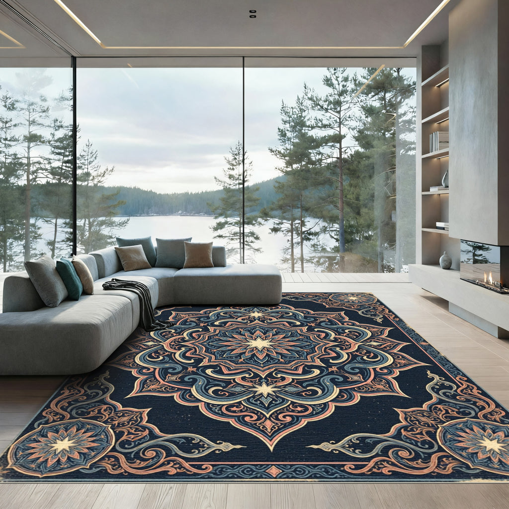 Midnight Blue Floral Star Medallion Rug