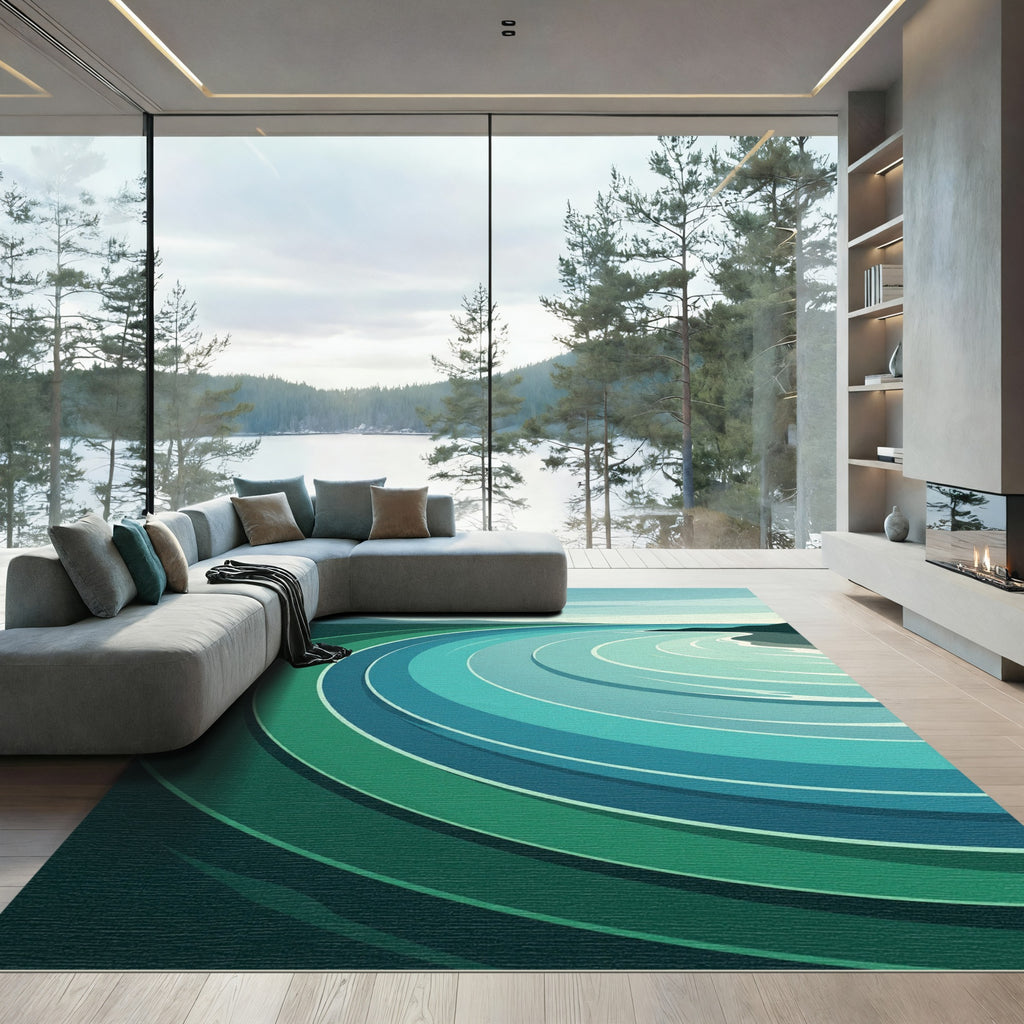 Curving Teal Ocean Landscape Rug
