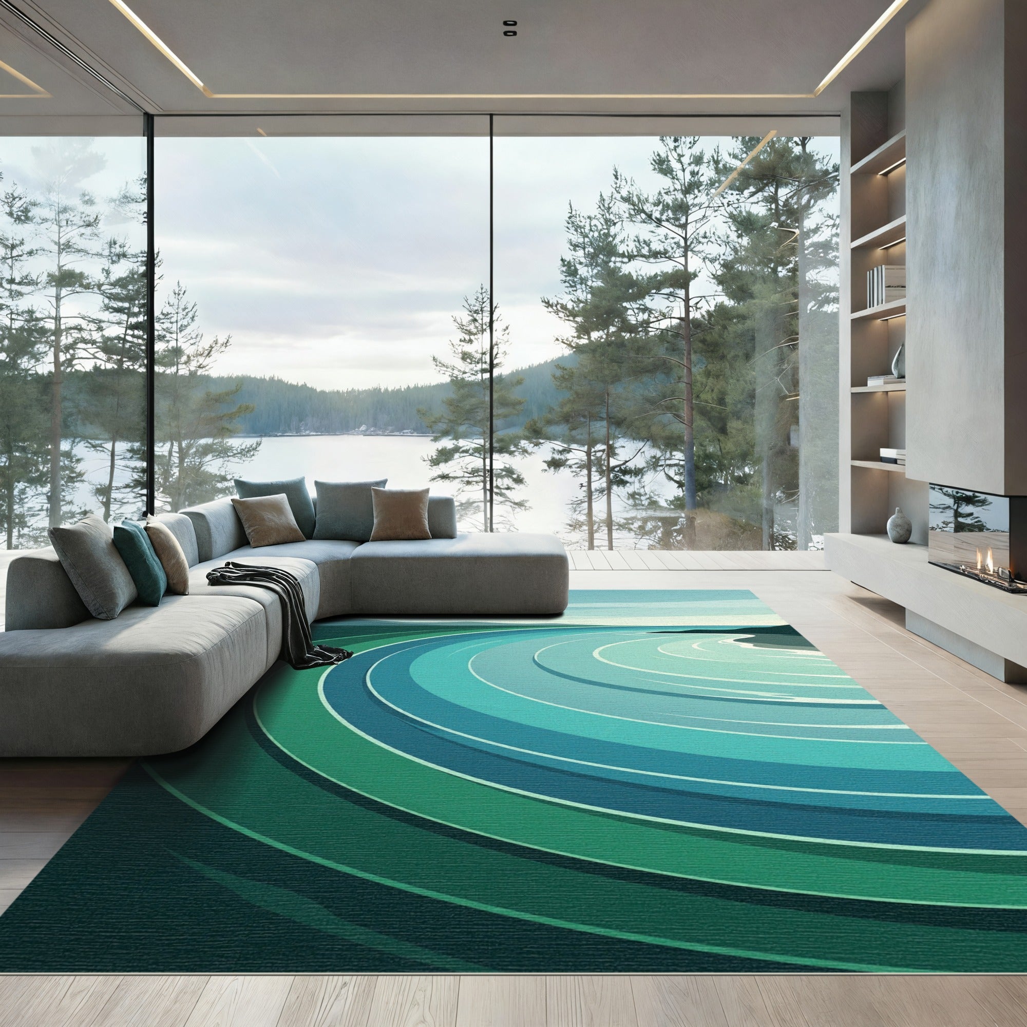 Curving Teal Ocean Landscape Rug