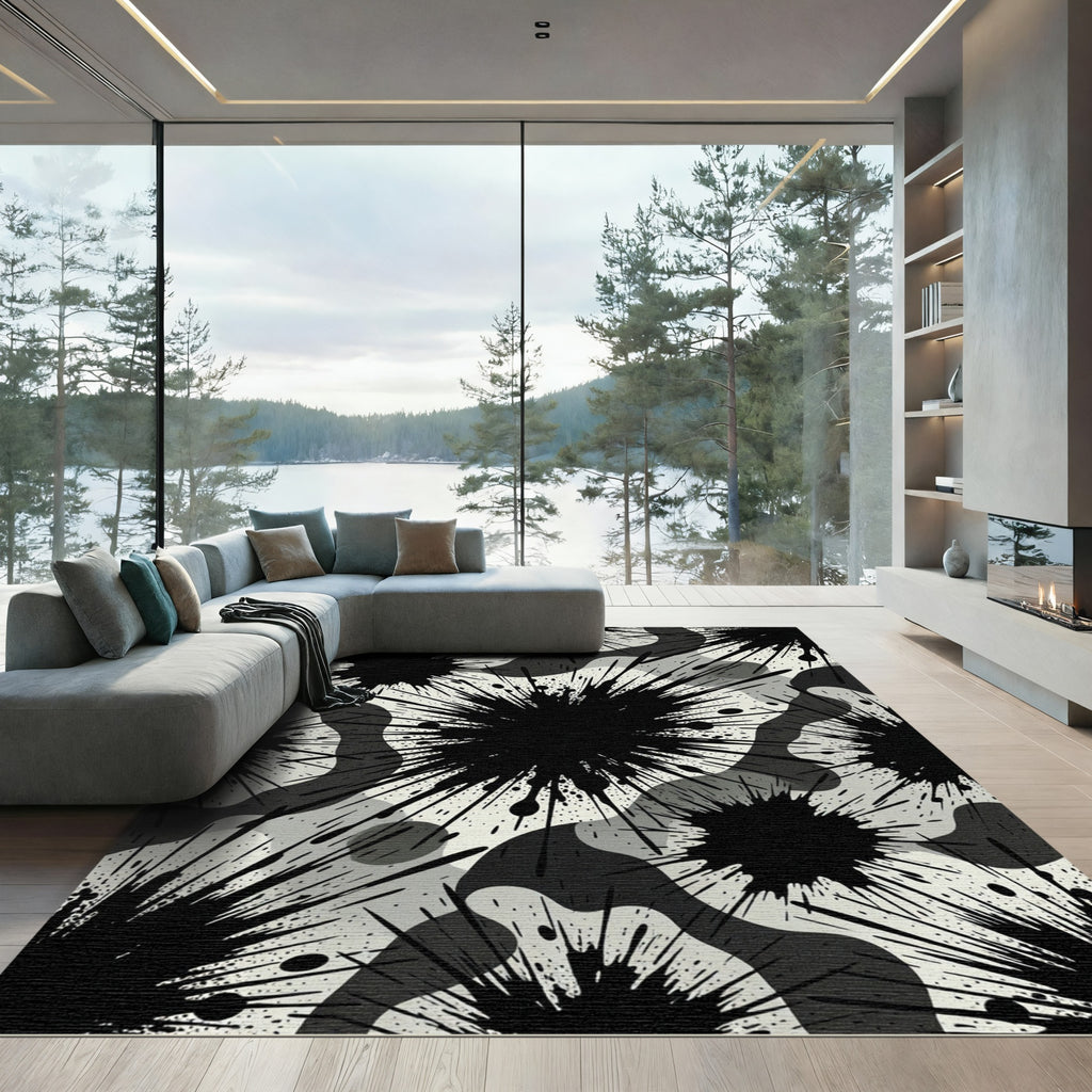 Monochromatic Splatter Camouflage Abstract Rug