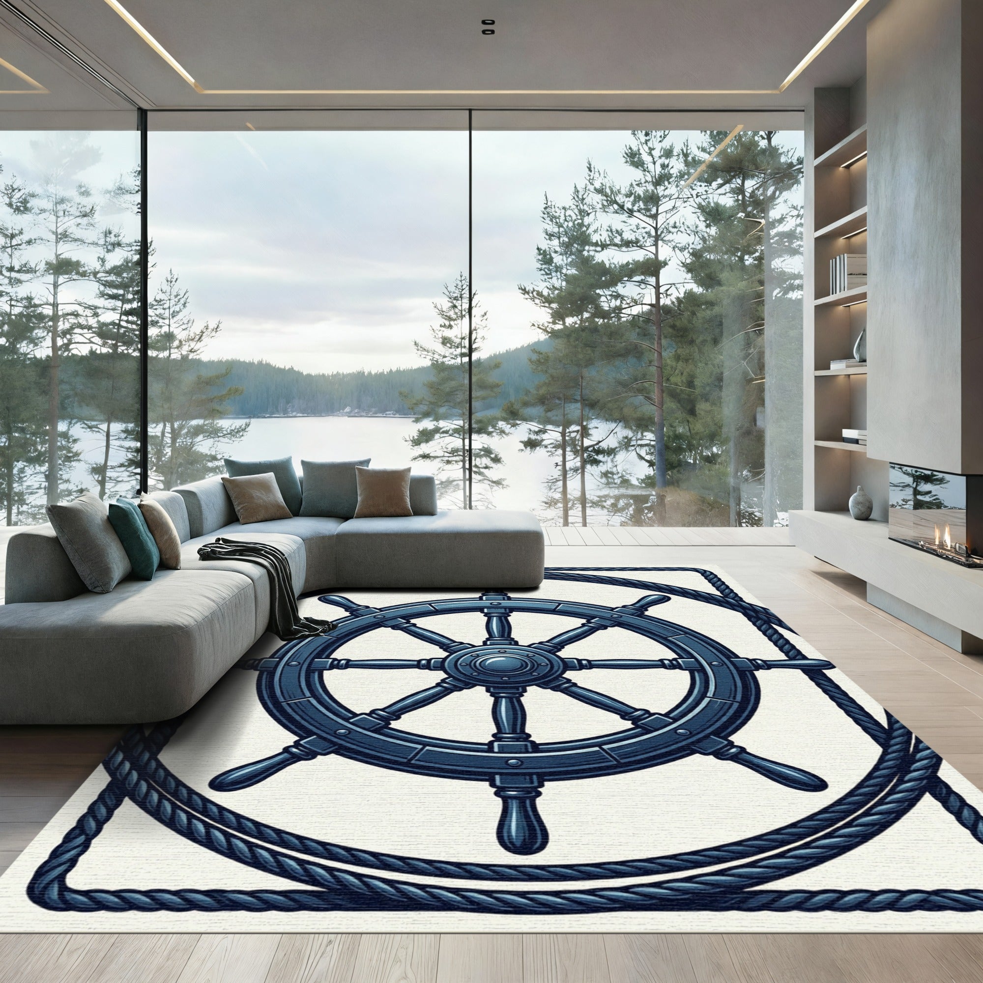 Nautical Ship Wheel Navy Rope Border Rug