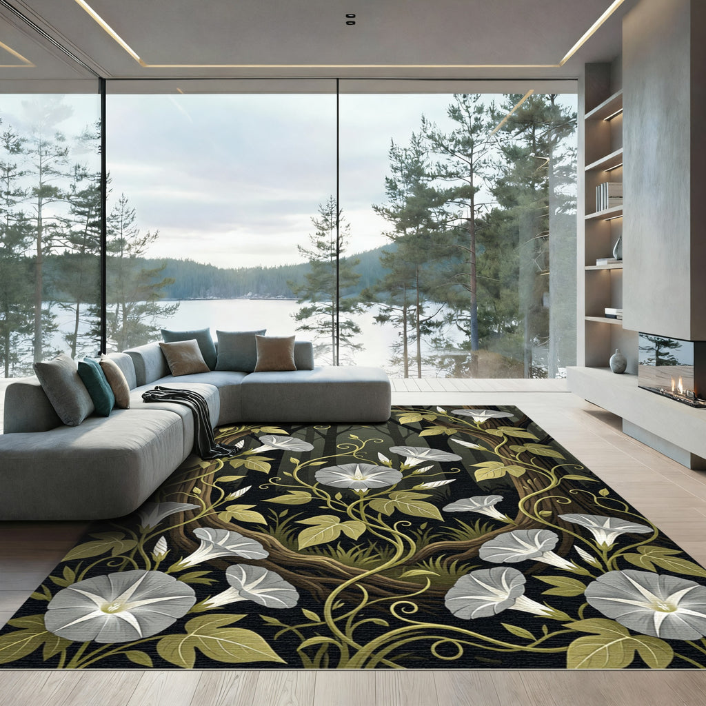 Ethereal Gray Moonflower Vine Botanical Rug
