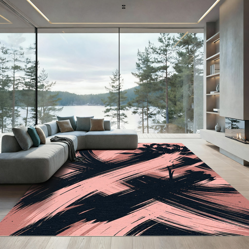 Blush and Black Ink Floral Brushstroke Rug
