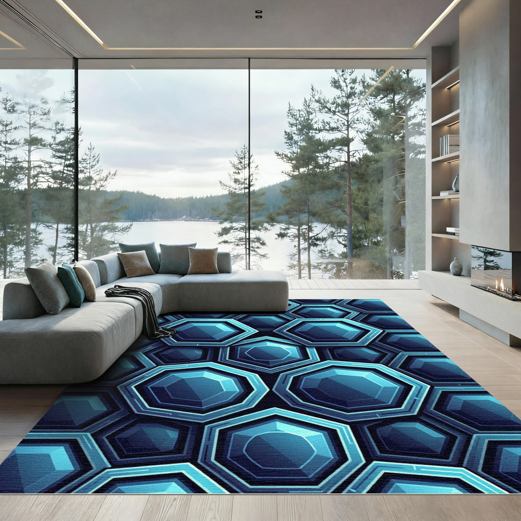 Modern Blue Geometric Hexagon Illusion Rug