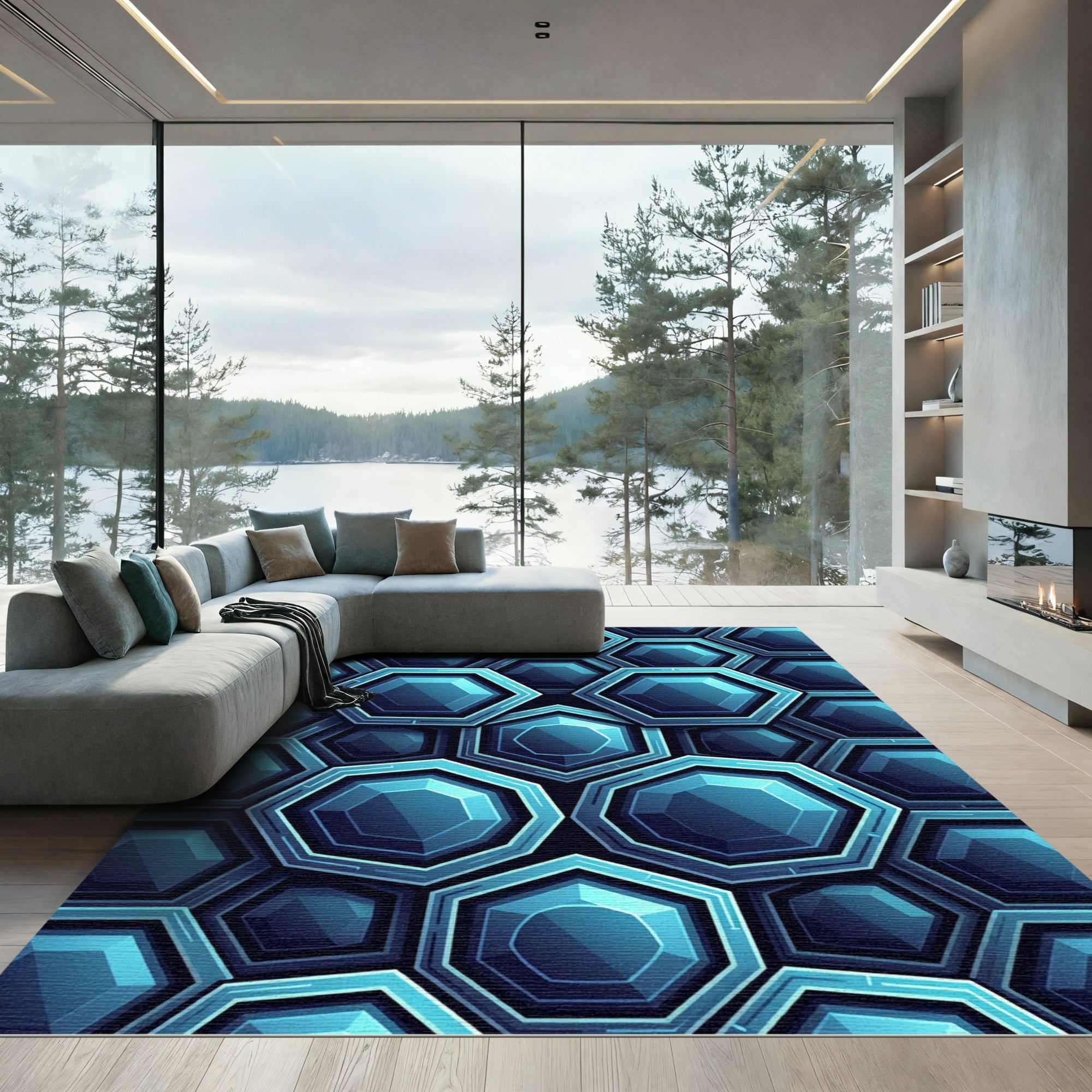 Modern Blue Geometric Hexagon Illusion Rug