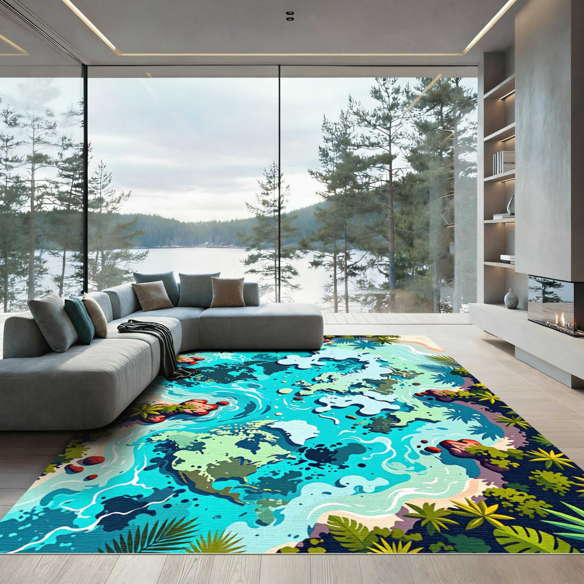 Tropical World Map Azure Ocean Rug