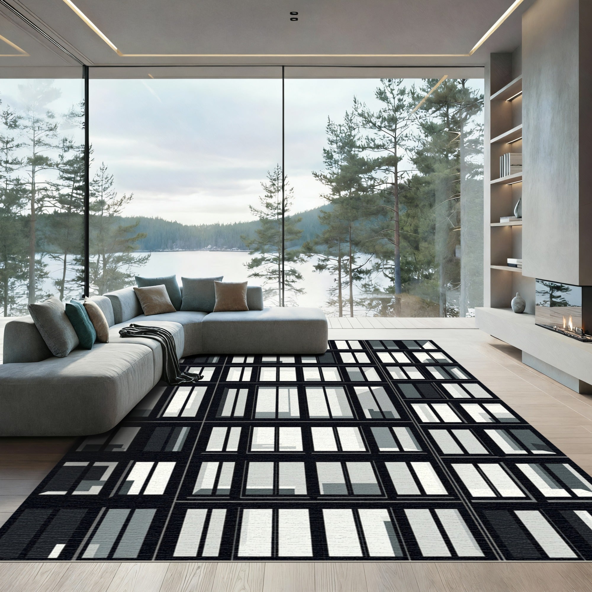 Modern Black White Geometric Grids Rug