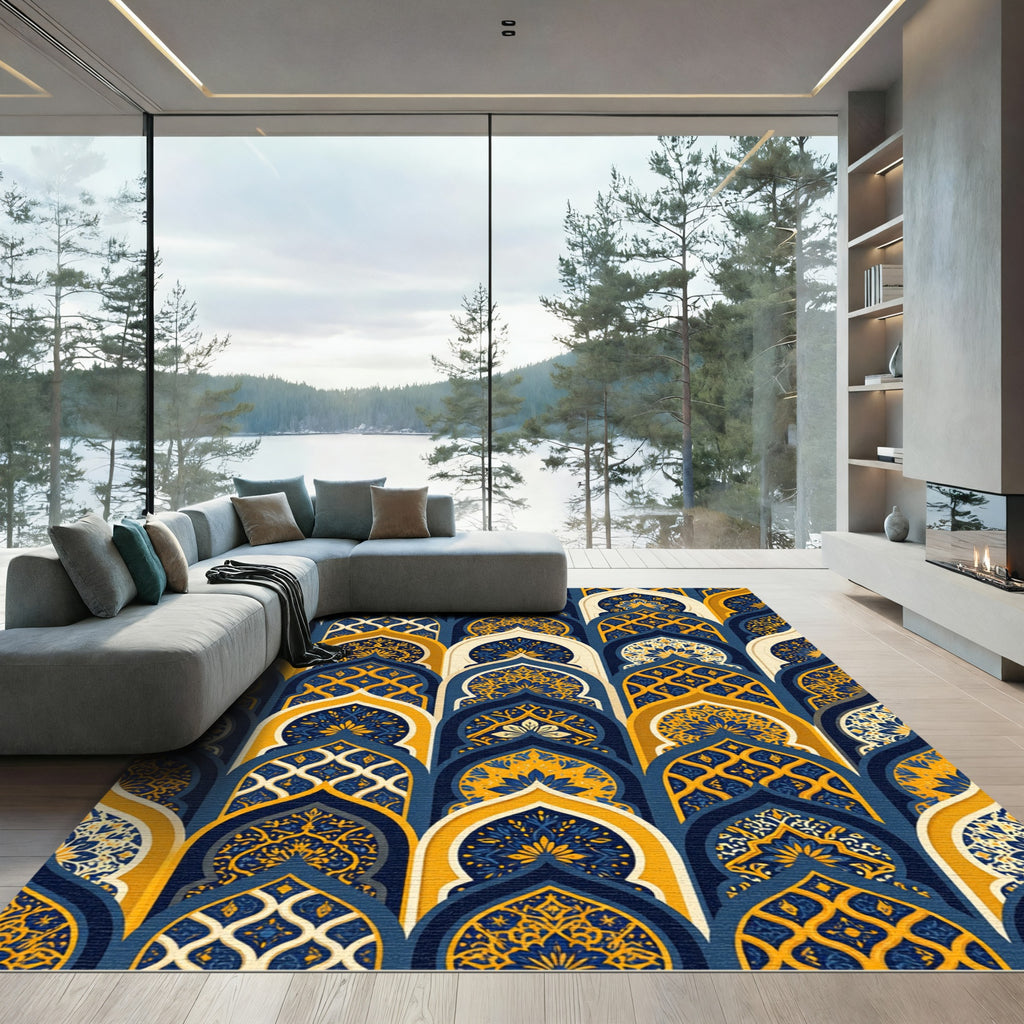 Ornate Golden Arched Midnight Indigo Mosaic Rug