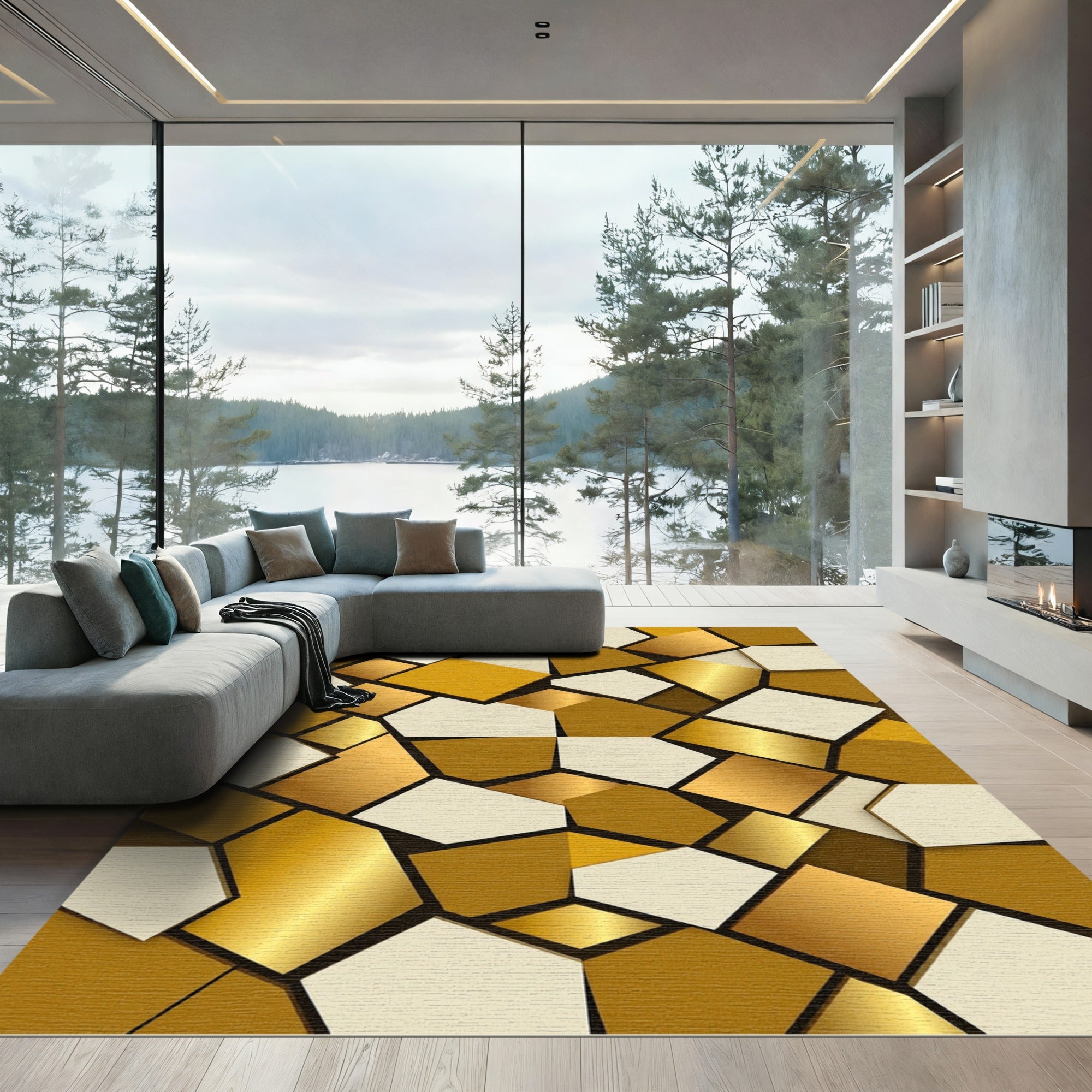 Modern Geometric Metallic Gold Ivory Tile Rug