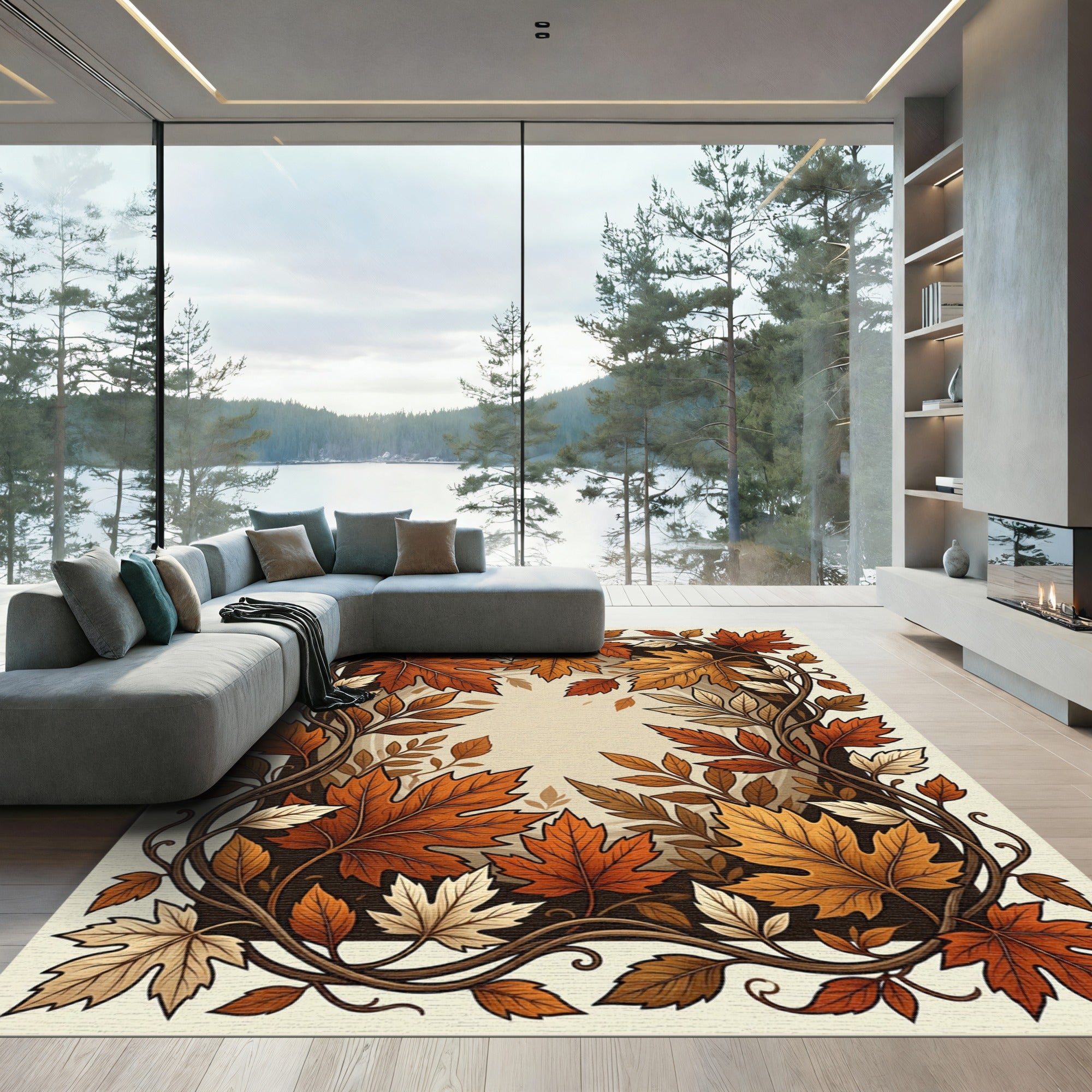 Earthy Autumnal Maple Leaf Border Rug