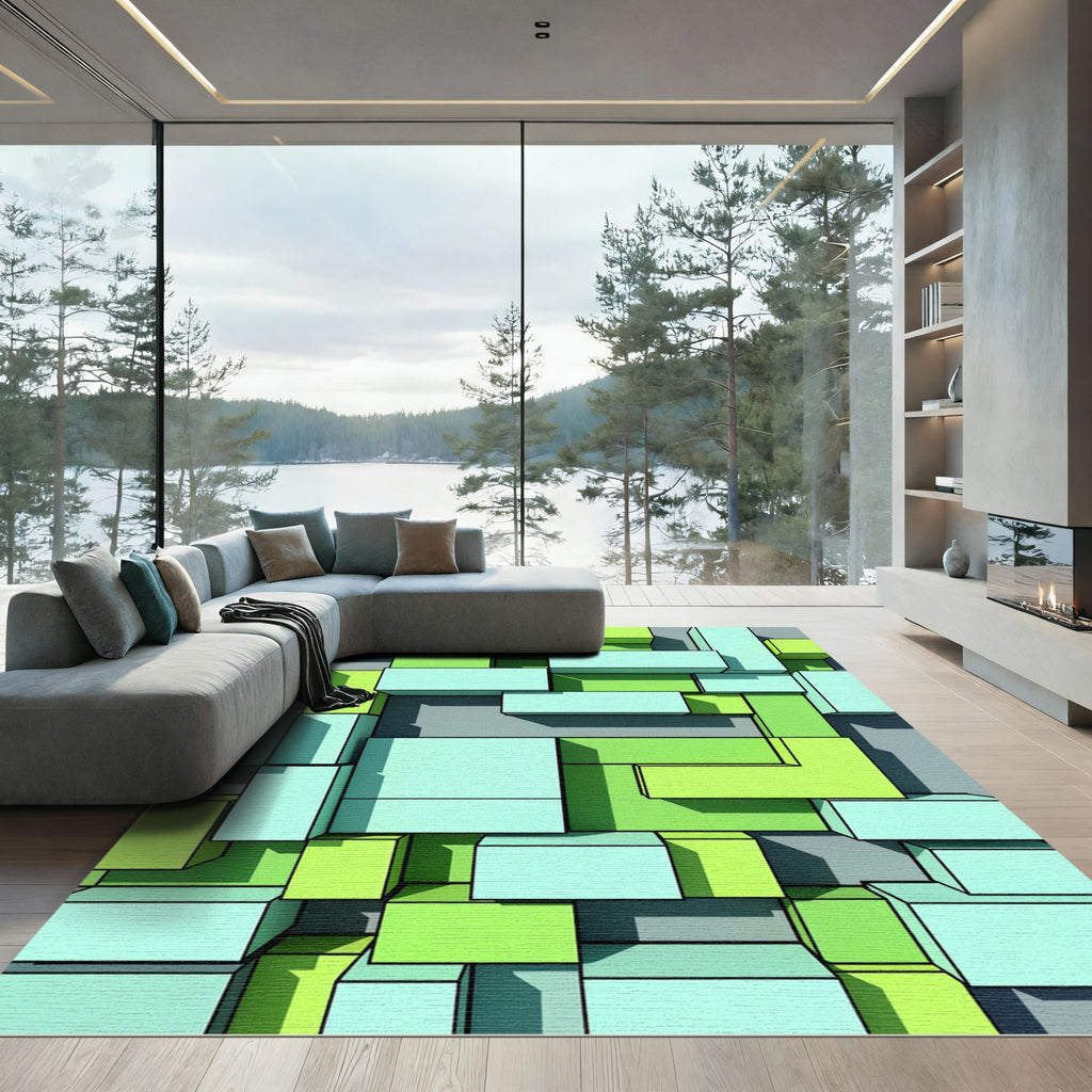Geometric Mint and Lime Stacked Blocks Rug