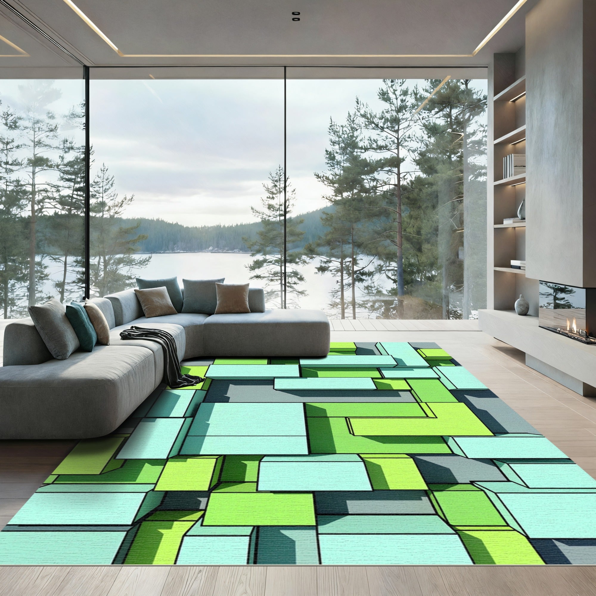 Geometric Mint and Lime Stacked Blocks Rug