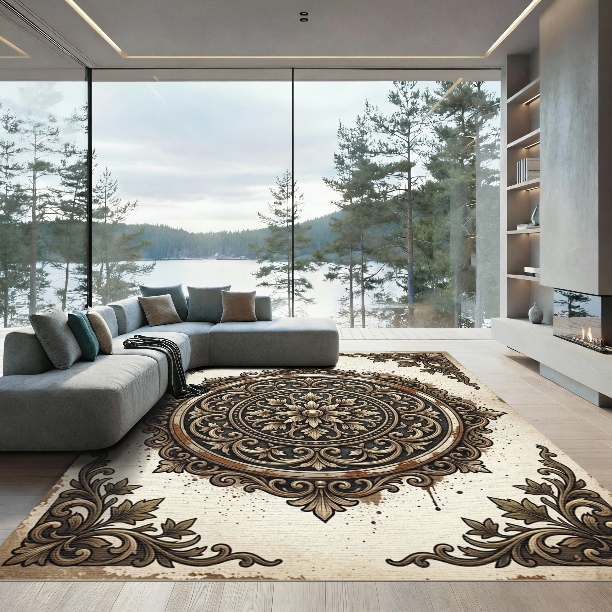 Ornate Gold Scrollwork Medallion Rug