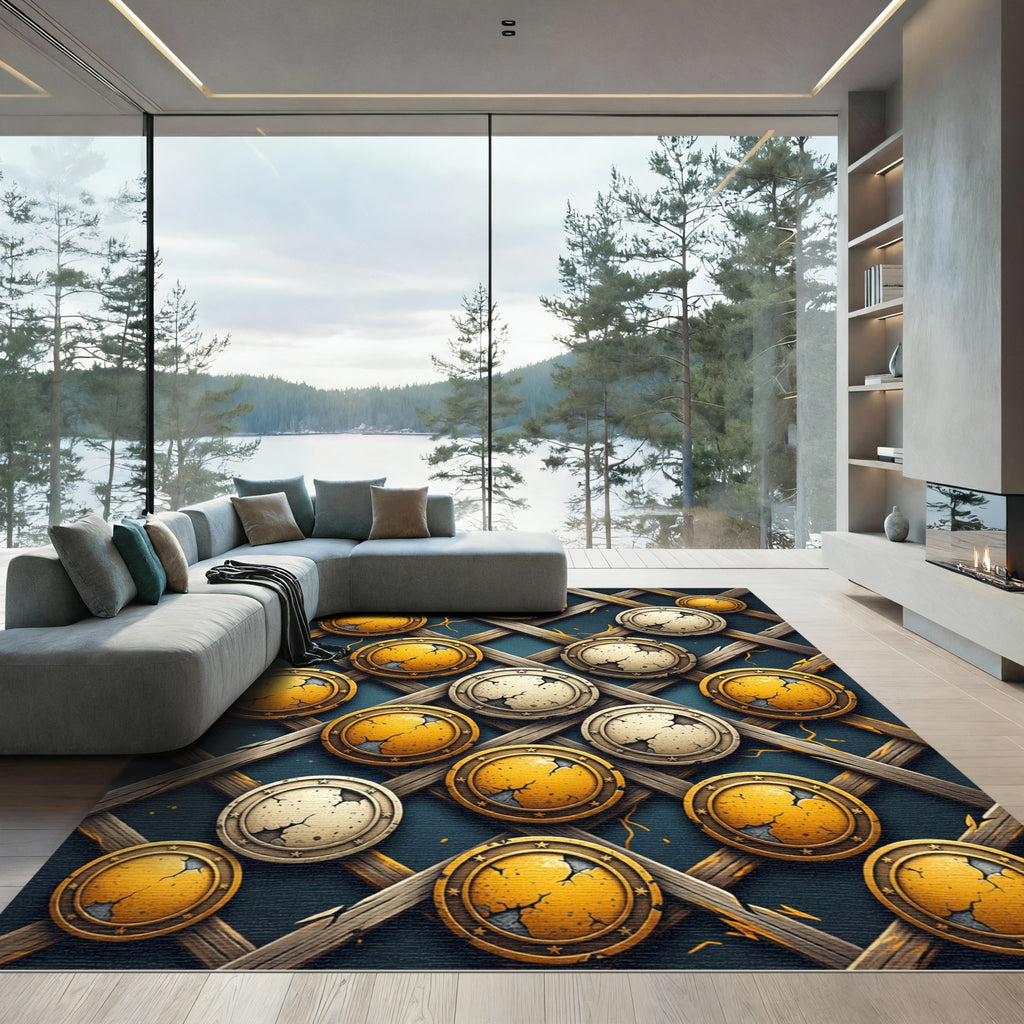 Cracked Golden Medallion Lattice Grid Rug