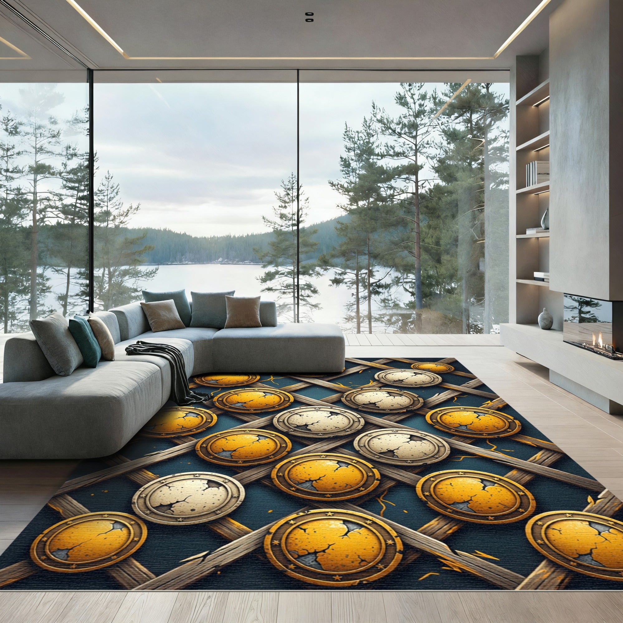 Cracked Golden Medallion Lattice Grid Rug