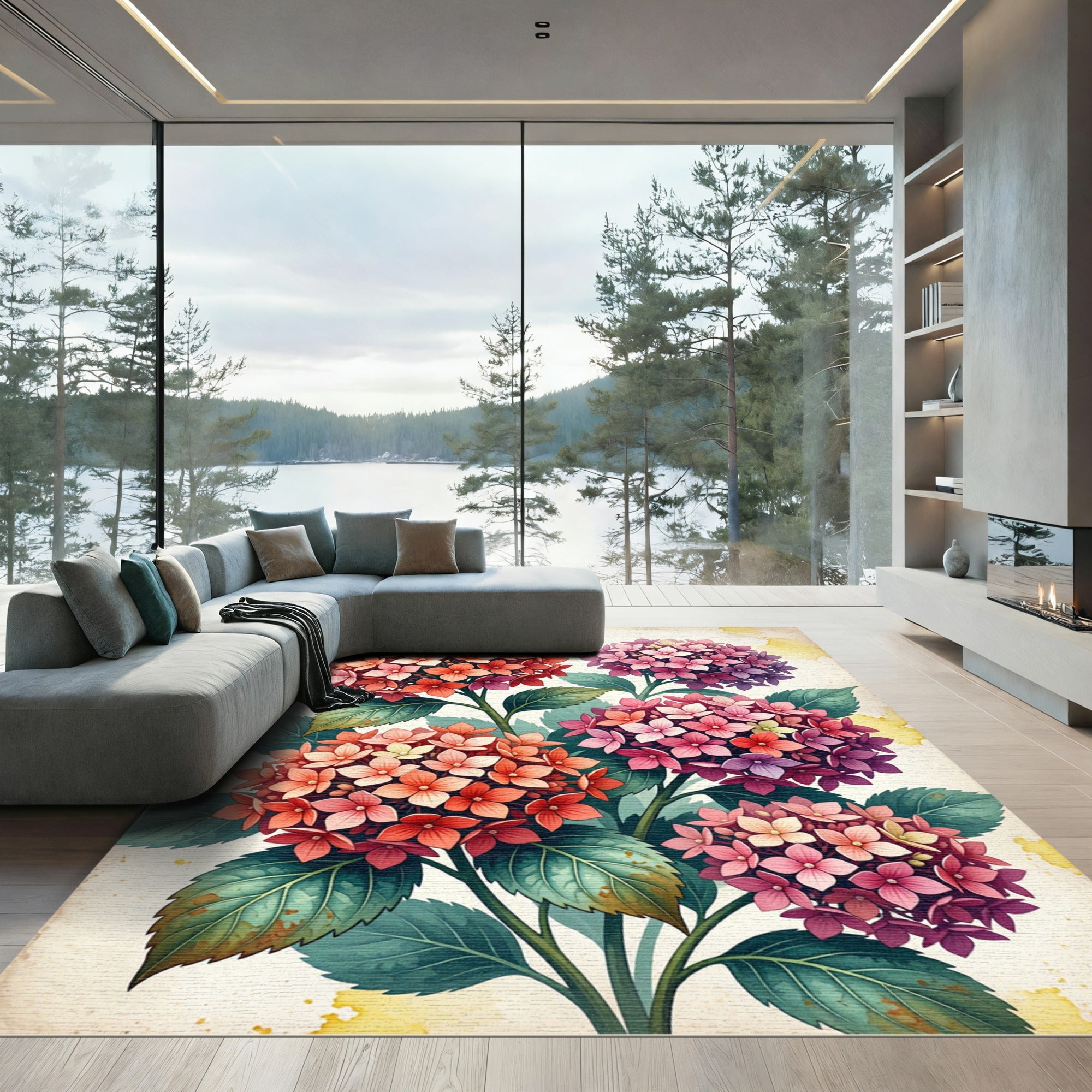Vibrant Watercolor Hydrangea Floral Art Rug