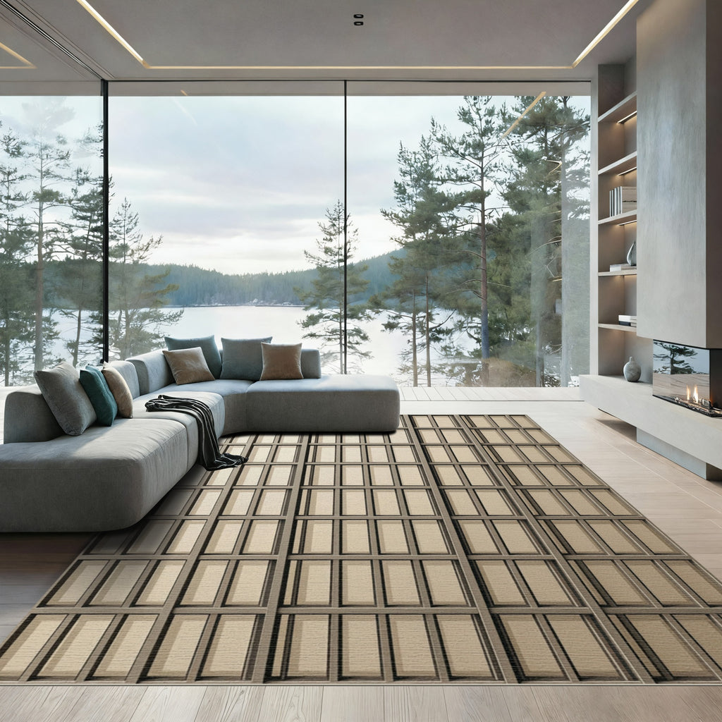 Neutral Beige Rectangular Grid Rug