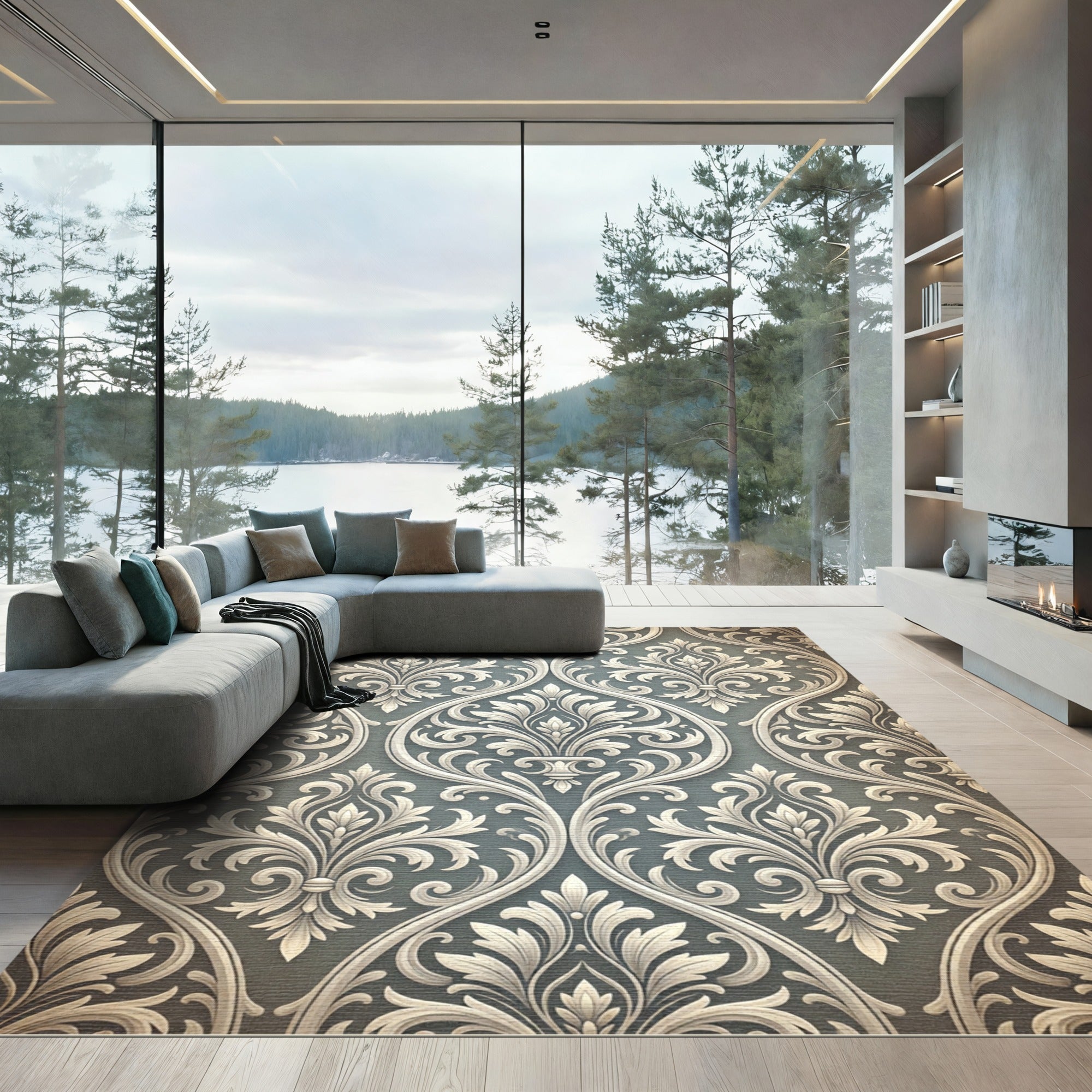 Elegant Gray White Damask Floral Scroll Rug