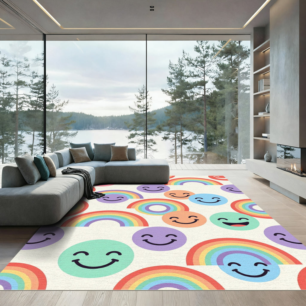 Cheerful Rainbow and Happy Face Composition Rug