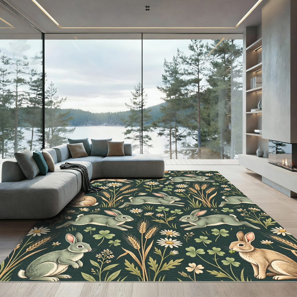 Whimsical Emerald Meadow Rabbit Garden Rug