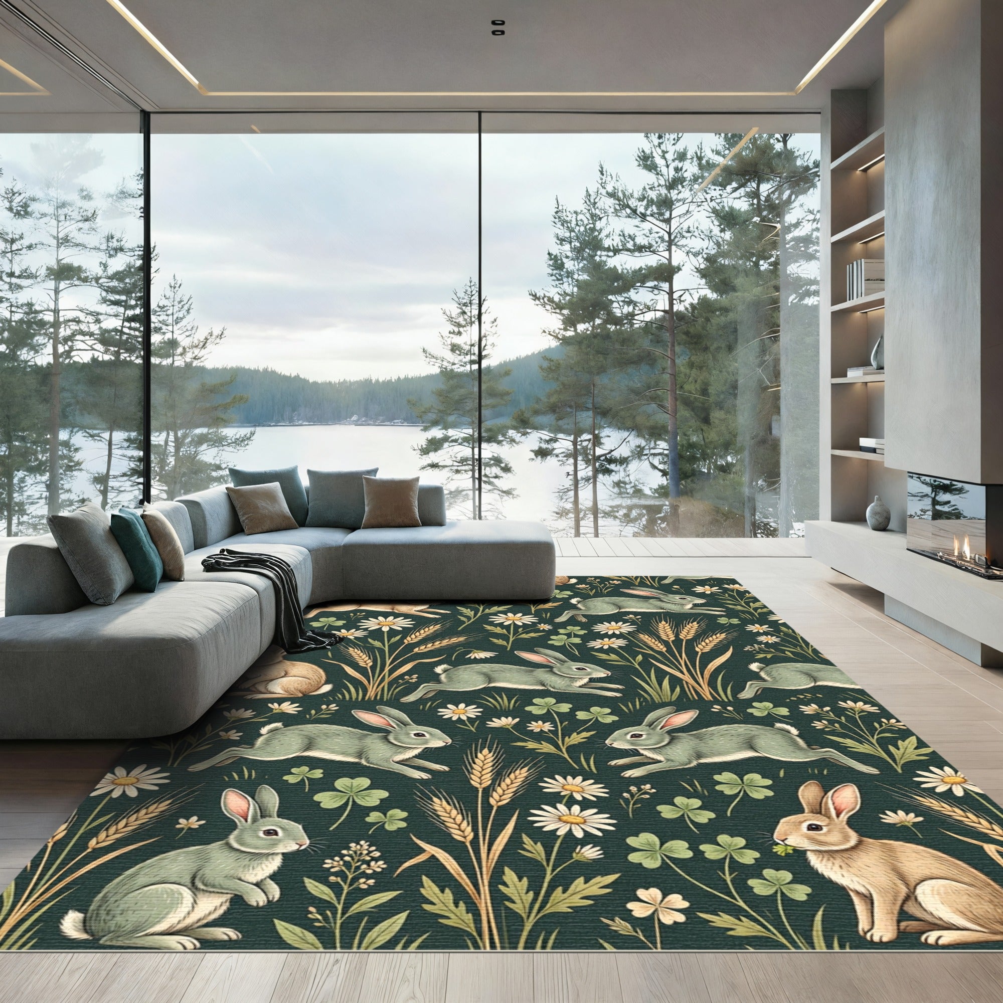 Whimsical Emerald Meadow Rabbit Garden Rug