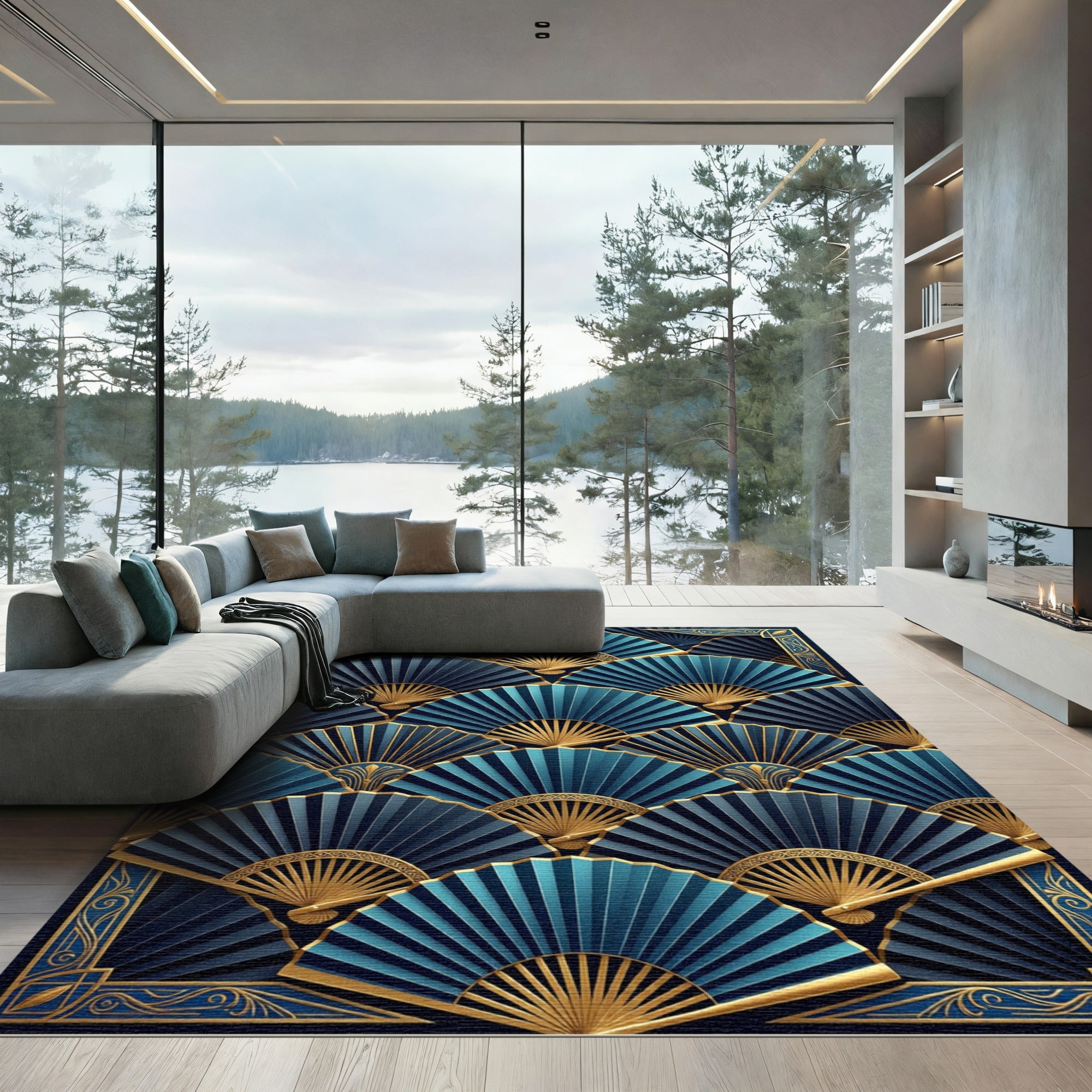 Art Deco Blue Gold Fan Ensemble Rug