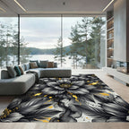 Elegant Black Floral Gold Ink Flow Rug