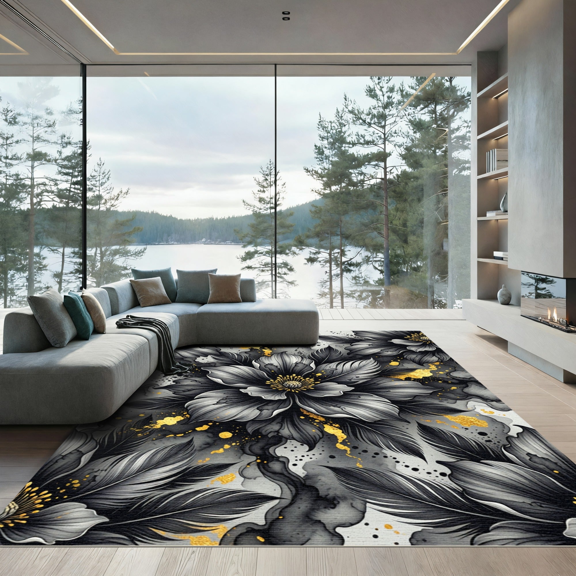 Elegant Black Floral Gold Ink Flow Rug