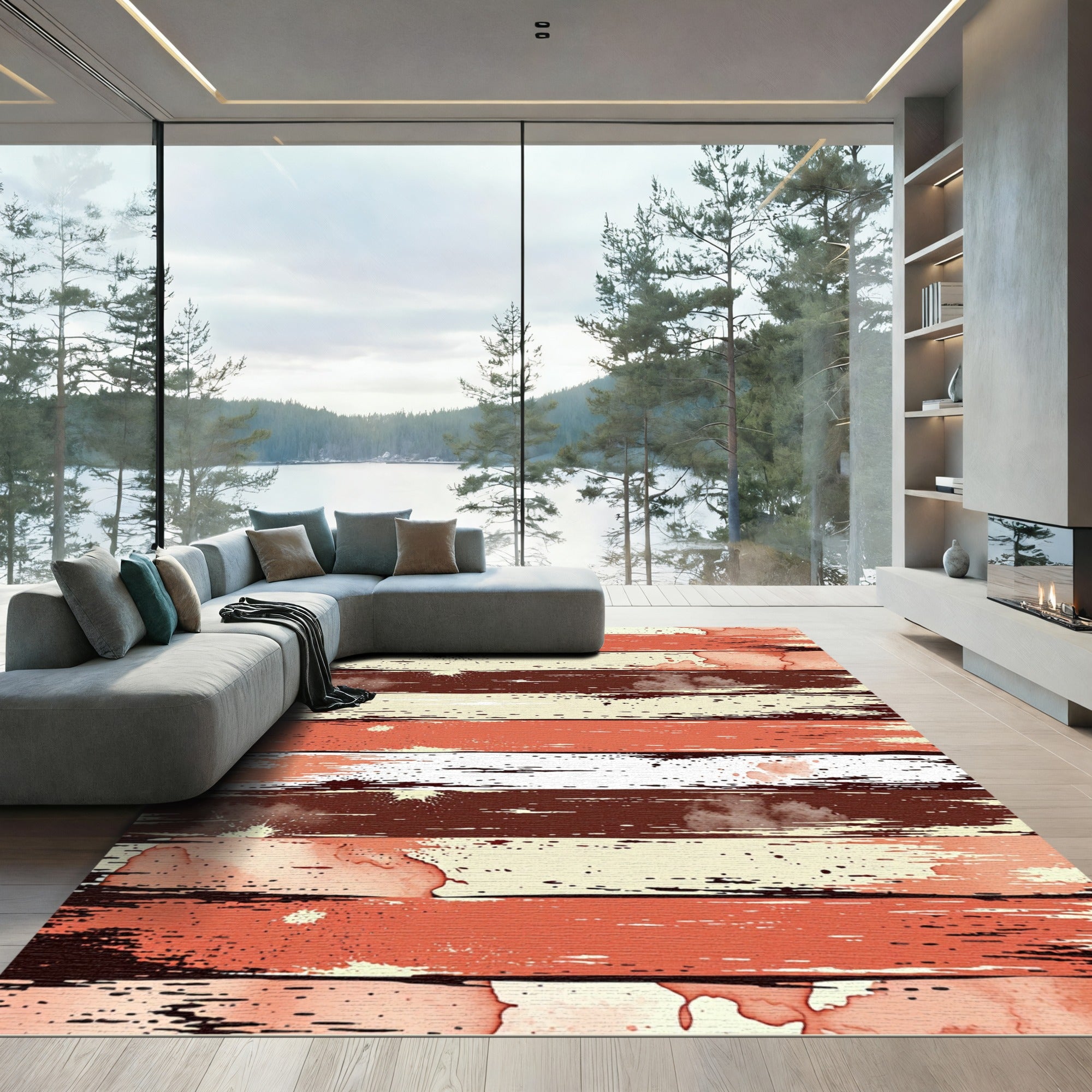 Coral Red Distressed Wood Stripes Rug