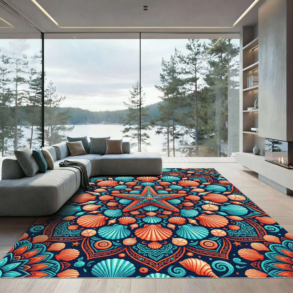 Vibrant Coral Blue Starfish Seashell Mandala Rug