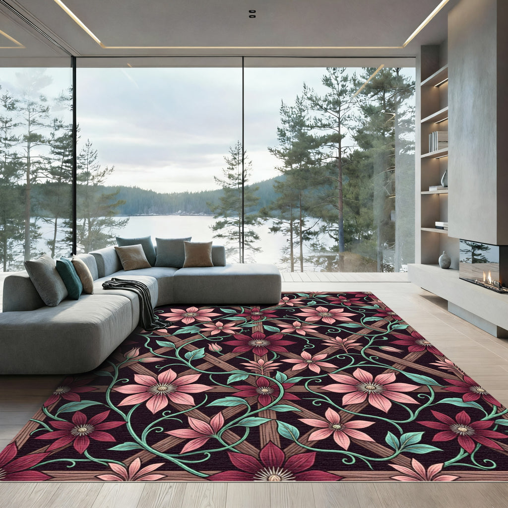 Elegant Pink Clematis Floral Lattice Rug