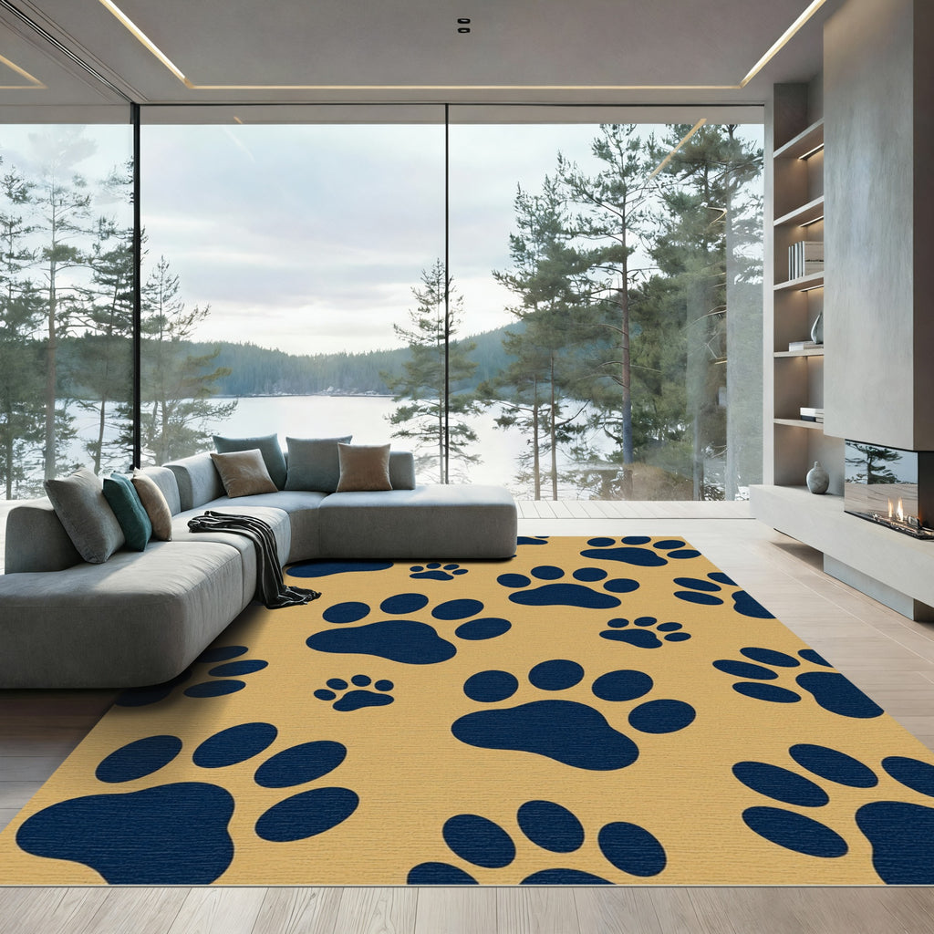 Navy Paw Print Mustard Yellow Rug