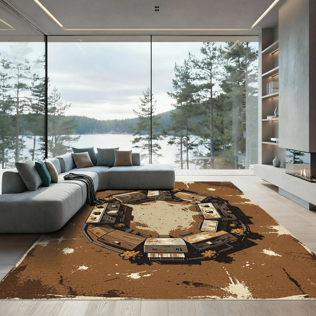 Rustic Farmhouse Village Circle Arrangement Rug