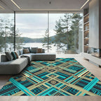 Geometric Teal and Gold Abstract Weave Rug
